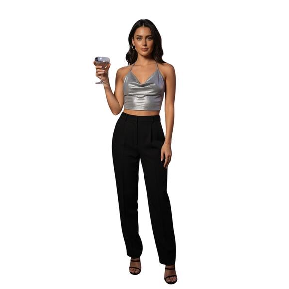 NWT Mango Casual Womens Silver Matlic Halter Party Crop Top Size S - Picture 1 of 3
